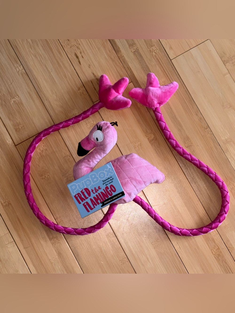 Fred the Flamingo Plush Dog Toy with Interactive Line for Game of Fetch or Tug!